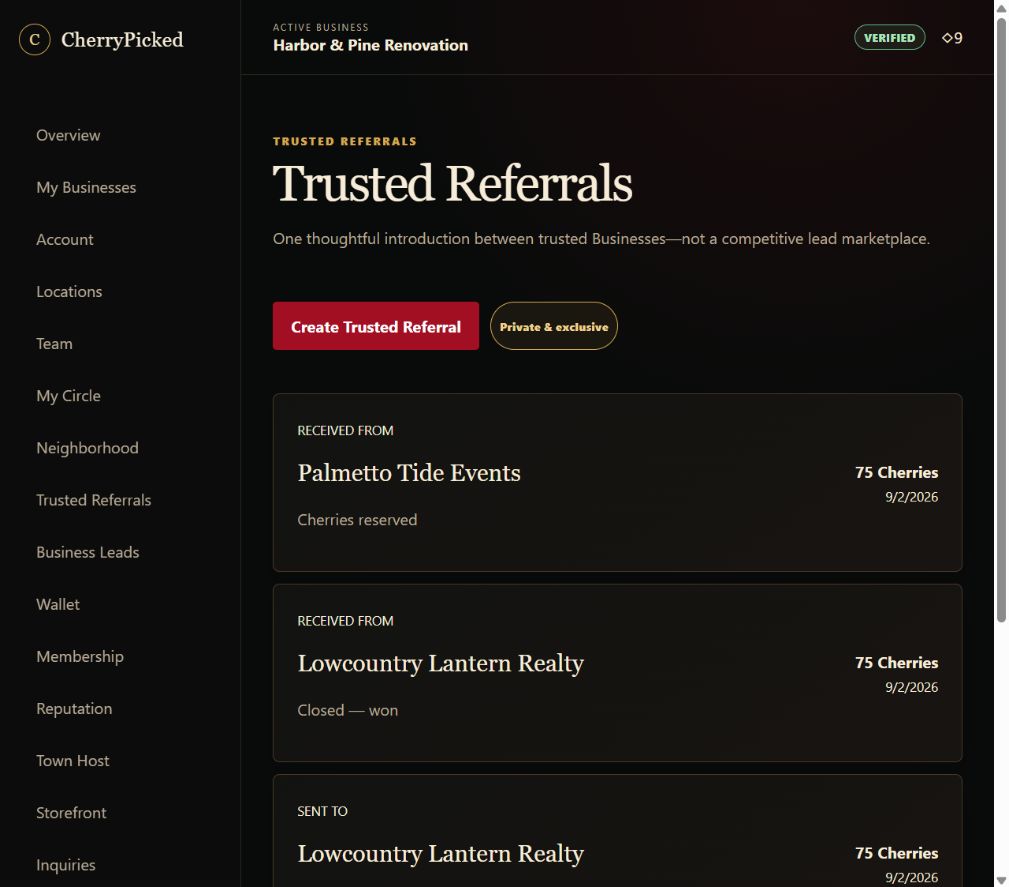 CherryPicked Trusted Referrals product experience
